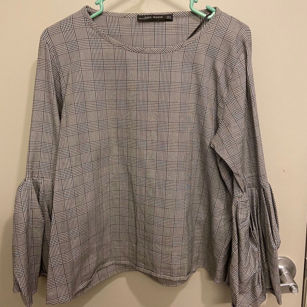 Zara houndstooth puffed sleeve top